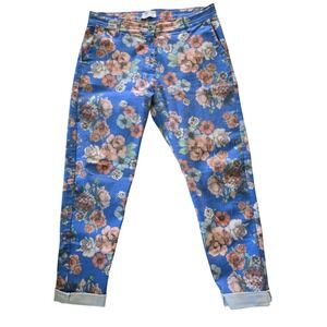 AQRL Floral Print Pants XL Made in Italy Blue Peach Botanical Casual Crop Pants